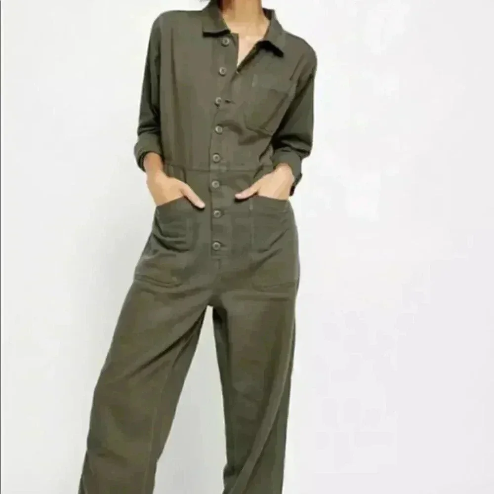 Free People Jumpsuit Utility Gia Coverall Slouchy Olive Distressed Patch Pockets
